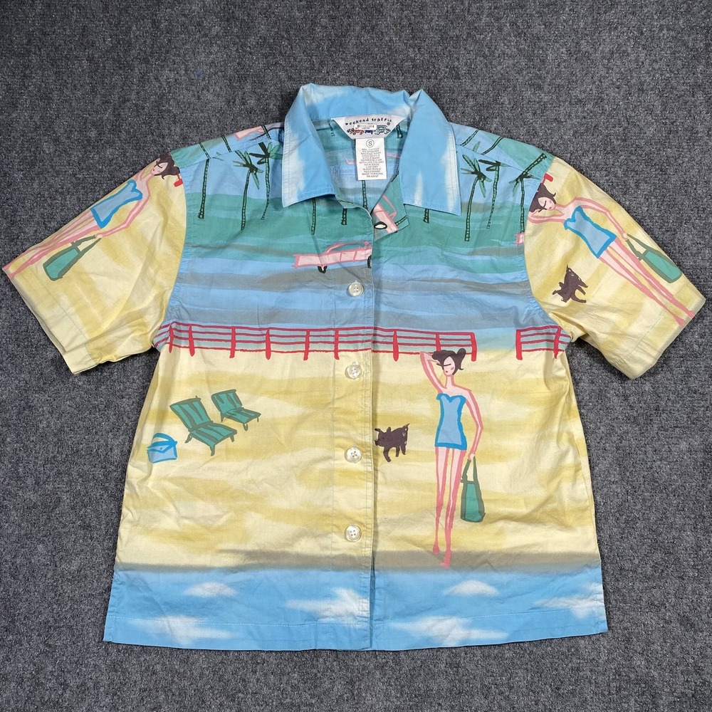 Weekend Traffic Shirt Mens Small Beach Scene Blue Yellow‎ Cotton Camp Button Up